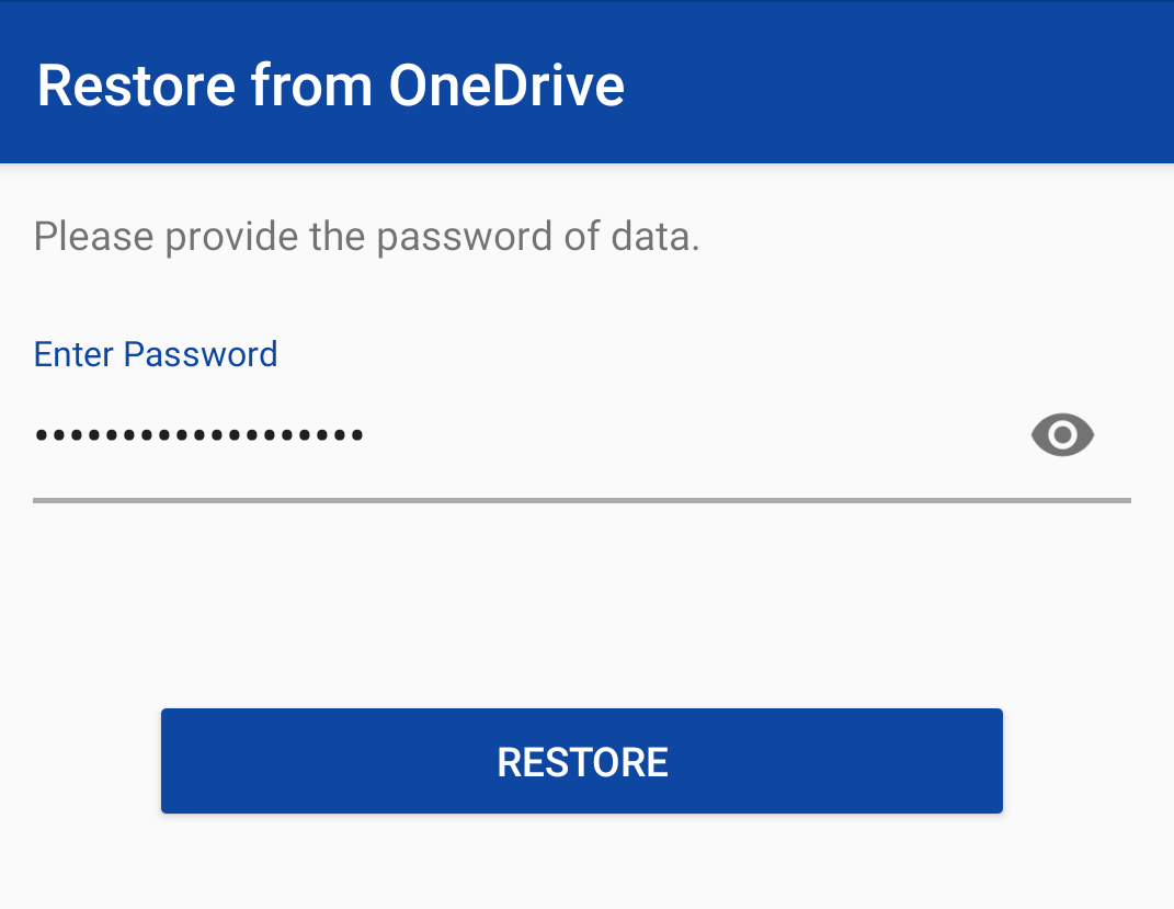 Enter password to restore existing vault from OneDrive on Android device